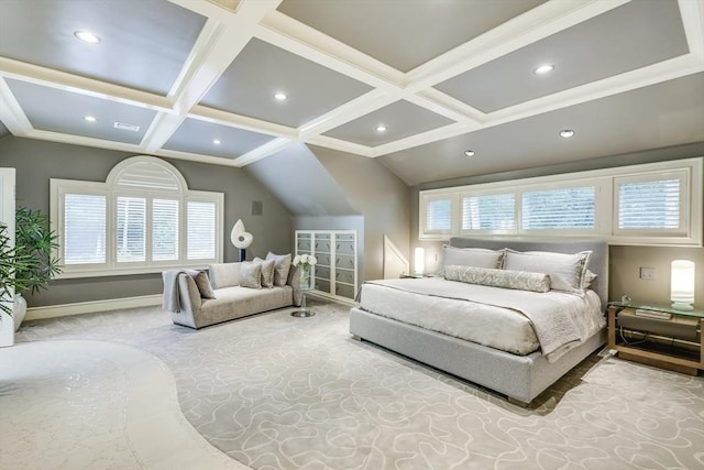 32-70 Lazell St, Hingham, MA 02043 - bedroom featuring coffered ceiling, recessed lighting, carpet flooring, and beam ceiling
