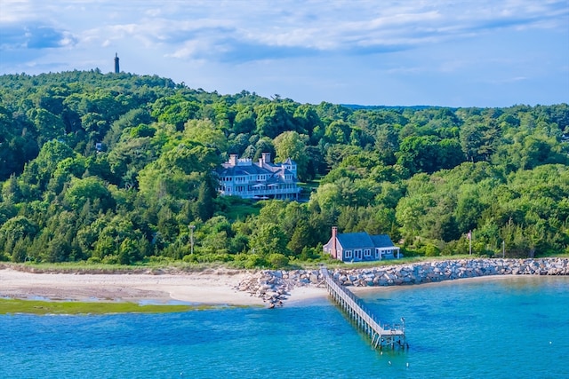 drone / aerial view with a water view and a view of the beach