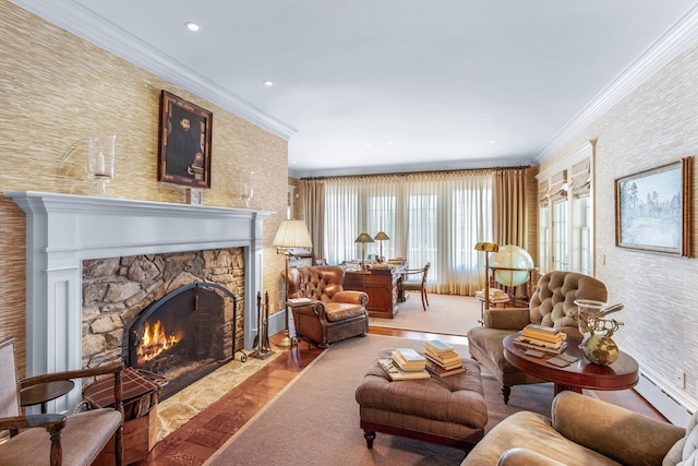 living room featuring a stone fireplace and crown molding