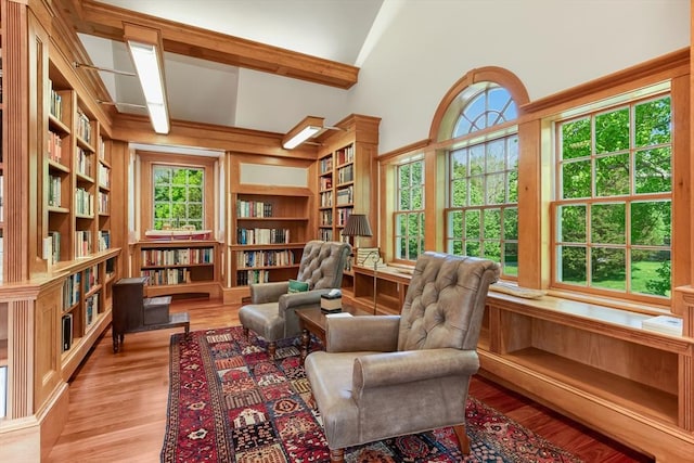 living area featuring bookshelves, plenty of natural light, high vaulted ceiling, and wood finished floors