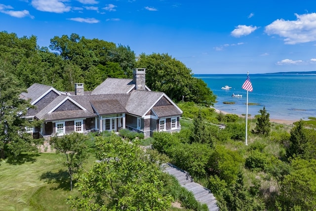 drone / aerial view featuring a water view