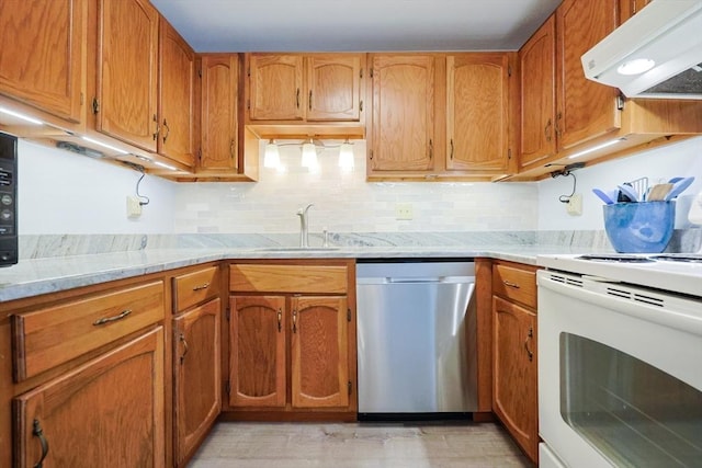 330 Thurston St Unit 330, Wrentham, MA 02093 - kitchen featuring stainless steel dishwasher, exhaust hood, white electric stove, light countertops, and brown cabinets