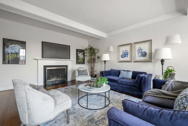 living room with ornamental molding and dark hardwood / wood-style floors