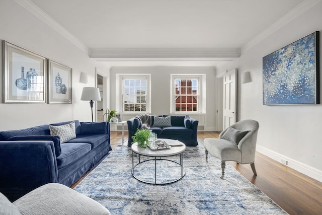 living room featuring crown molding and wood-type flooring