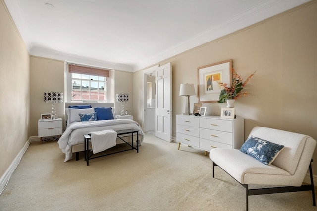 carpeted bedroom featuring ornamental molding