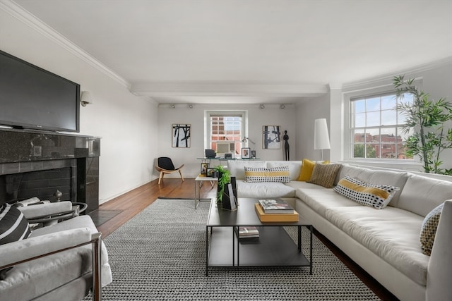 living room with ornamental molding and hardwood / wood-style floors