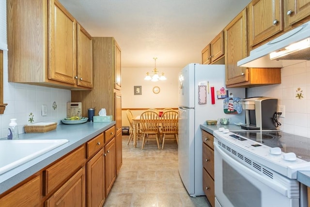 22 Bayview Ave, Berkley, MA 02779 - kitchen featuring white electric stove, under cabinet range hood, tasteful backsplash, and brown cabinetry