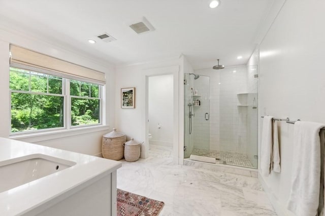 40 Carver Rd, Wellesley, MA 02481 - full bath featuring a shower stall, vanity, recessed lighting, and marble finish floors