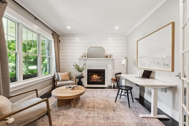 40 Carver Rd, Wellesley, MA 02481 - office space featuring crown molding, a fireplace, wood finished floors, and recessed lighting