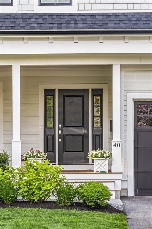 40 Carver Rd, Wellesley, MA 02481 - entrance to property with covered porch and a shingled roof