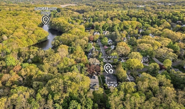 40 Carver Rd, Wellesley, MA 02481 - aerial view of property and surrounding area with a forest and a large body of water