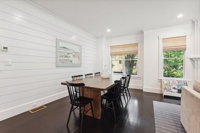 40 Carver Rd, Wellesley, MA 02481 - dining room featuring crown molding, healthy amount of natural light, dark wood-style flooring, recessed lighting, and wood walls