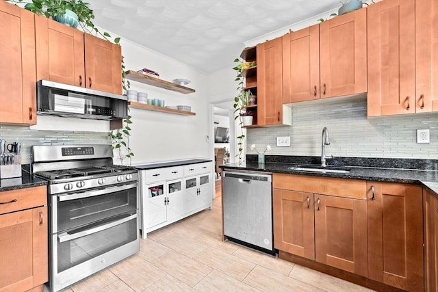 1 King St Unit 3, Boston, MA 02122 - kitchen with appliances with stainless steel finishes, open shelves, a sink, decorative backsplash, and dark stone countertops