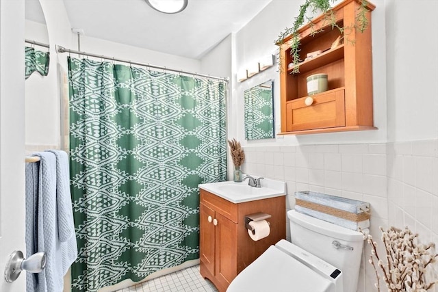 1 King St Unit 3, Boston, MA 02122 - full bathroom featuring vanity, tile walls, toilet, tile patterned floors, and a shower with curtain