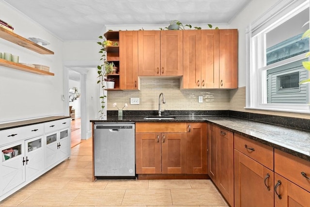 1 King St Unit 3, Boston, MA 02122 - kitchen with open shelves, dishwasher, a sink, backsplash, and dark stone countertops