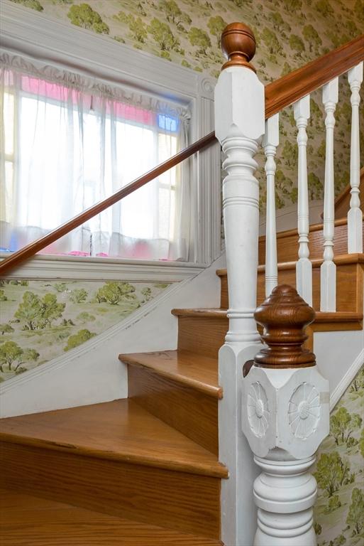 98 Safford St, Quincy, MA 02171 - stairs with wallpapered walls