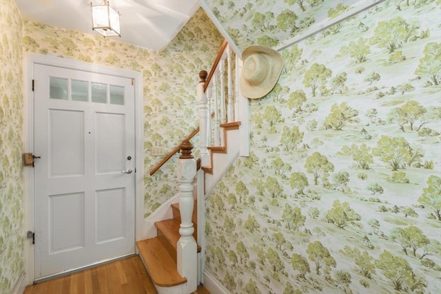 98 Safford St, Quincy, MA 02171 - entrance foyer featuring wallpapered walls, wood finished floors, and stairs