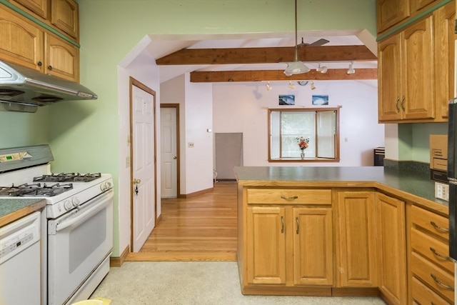 98 Safford St, Quincy, MA 02171 - kitchen with white appliances, a peninsula, beamed ceiling, under cabinet range hood, and dark countertops
