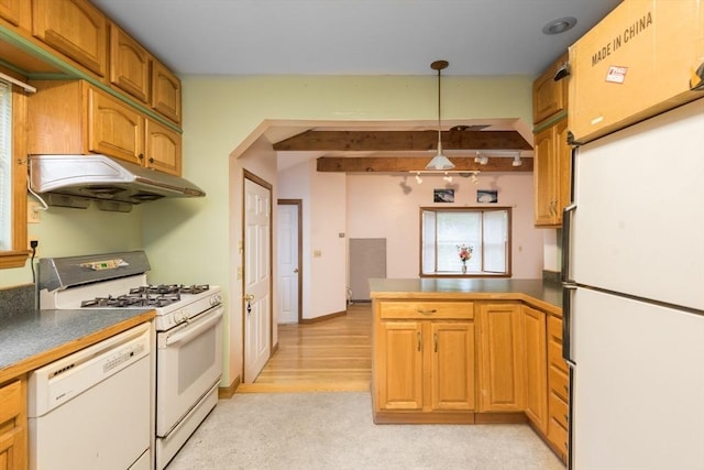 98 Safford St, Quincy, MA 02171 - kitchen featuring white appliances, under cabinet range hood, a peninsula, and dark countertops