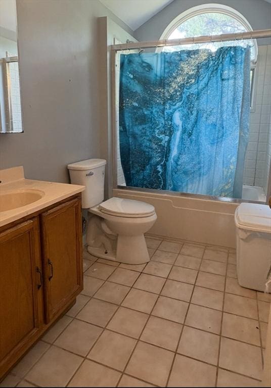 62 Musket, Mashpee, MA 02649 - full bathroom featuring tile patterned flooring, shower / bathtub combination with curtain, vanity, and lofted ceiling