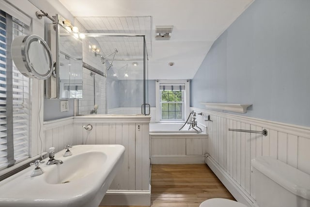 50 Humphrey St, Marblehead, MA 01945 - bathroom featuring toilet, wood finished floors, a garden tub, a wainscoted wall, and a stall shower