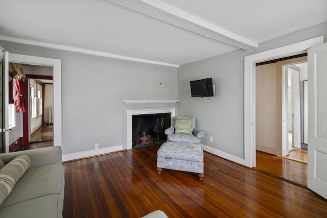 50 Humphrey St, Marblehead, MA 01945 - living room with a fireplace, wood finished floors, beamed ceiling, baseboards, and radiator heating unit