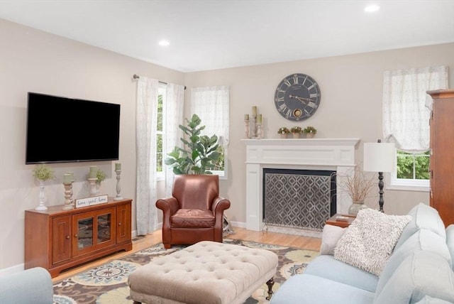 12 Cranberry Ln, Wrentham, MA 02093 - living area featuring light wood-style flooring, healthy amount of natural light, a fireplace, recessed lighting, and baseboards