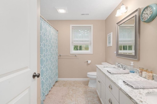 12 Cranberry Ln, Wrentham, MA 02093 - bathroom featuring double vanity, toilet, tile patterned flooring, baseboards, and a shower with shower curtain