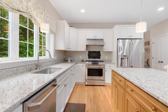 12 Cranberry Ln, Wrentham, MA 02093 - kitchen featuring appliances with stainless steel finishes, range hood, a sink, light wood-type flooring, and recessed lighting