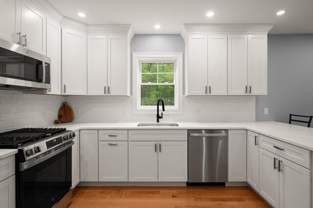 kitchen featuring appliances with stainless steel finishes, a sink, light countertops, tasteful backsplash, and recessed lighting