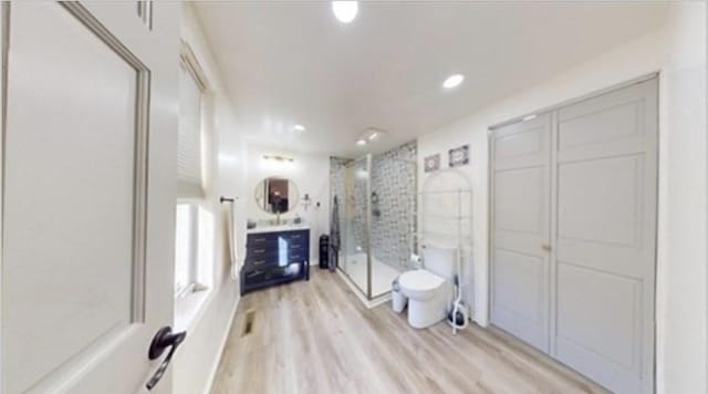 95 Prospect Street Ext, Westfield, MA 01085 - full bathroom featuring a stall shower, wood finished floors, recessed lighting, and vanity