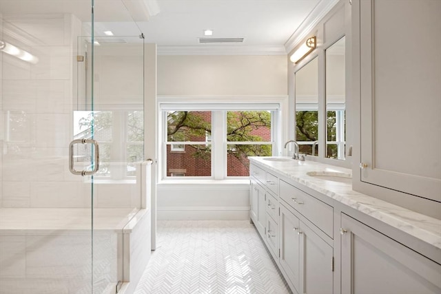 8 Union Wharf Unit 8, Boston, MA 02109 - full bath featuring a stall shower, double vanity, ornamental molding, and tile patterned floors