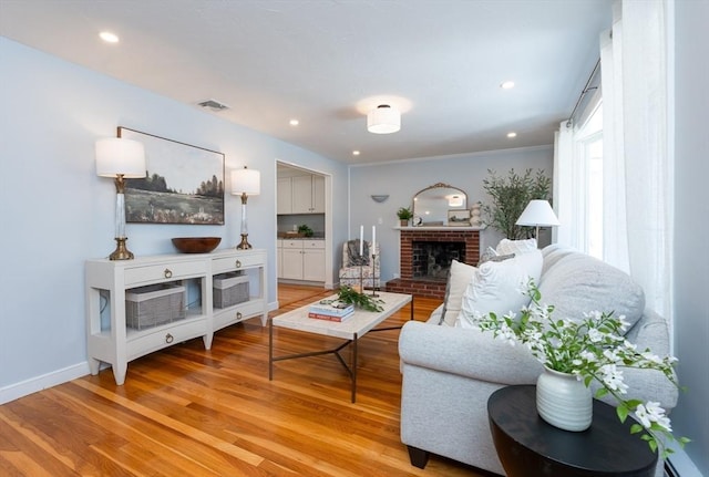 living room with a fireplace and light wood-type flooring