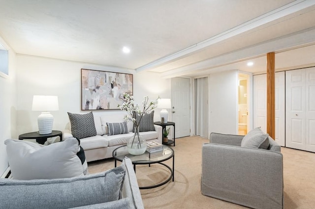 living room with light colored carpet