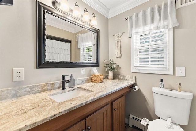 53 Avon St, Taunton, MA 02780 - full bath with a baseboard radiator, vanity, toilet, and ornamental molding