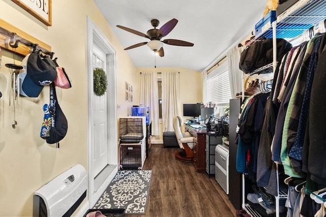 53 Avon St, Taunton, MA 02780 - office featuring ceiling fan, dark wood finished floors, vaulted ceiling, and heating unit