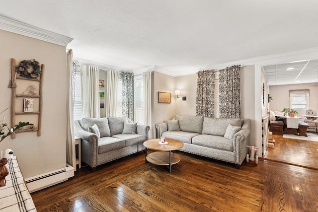 53 Avon St, Taunton, MA 02780 - living room featuring hardwood / wood-style flooring, crown molding, and a baseboard radiator