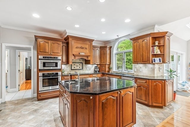 225 Walker St, Seekonk, MA 02771 - kitchen featuring a sink, a center island with sink, dark stone countertops, recessed lighting, and open shelves