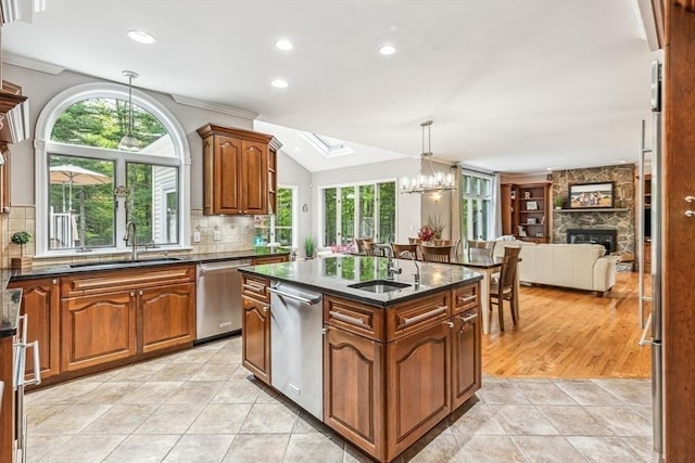 225 Walker St, Seekonk, MA 02771 - kitchen featuring dishwasher, a skylight, a sink, a chandelier, and recessed lighting
