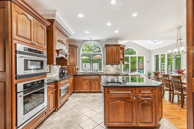 225 Walker St, Seekonk, MA 02771 - kitchen featuring a sink, tasteful backsplash, a warming drawer, dark stone counters, and recessed lighting