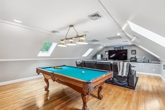 225 Walker St, Seekonk, MA 02771 - playroom with a skylight, wood finished floors, baseboards, billiards table, and lofted ceiling
