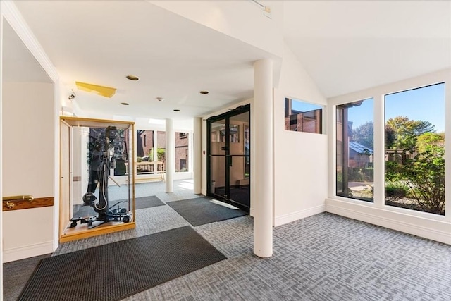 workout area featuring dark colored carpet and plenty of natural light