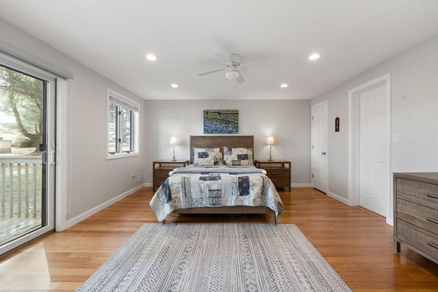 bedroom with recessed lighting, baseboards, light wood-style floors, and access to exterior