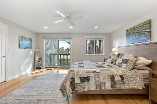 bedroom featuring access to exterior, ceiling fan, baseboards, recessed lighting, and wood finished floors