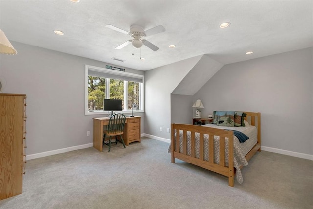 carpeted bedroom with visible vents, lofted ceiling, a ceiling fan, recessed lighting, and baseboards