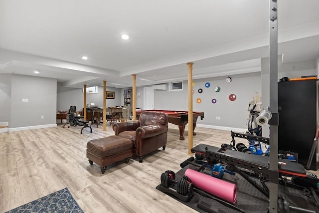 interior space featuring recessed lighting, light wood-type flooring, baseboards, and billiards