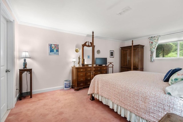 bedroom with light carpet, crown molding, and baseboards