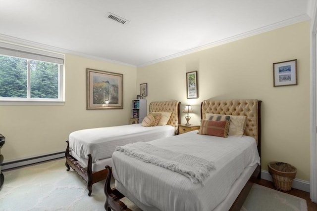 bedroom featuring a baseboard radiator, baseboards, and ornamental molding