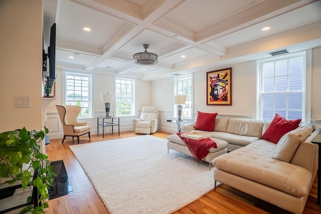 41 Washington Unit C, Newburyport, MA 01950 - living area with beamed ceiling, ceiling fan, light wood-type flooring, coffered ceiling, and recessed lighting