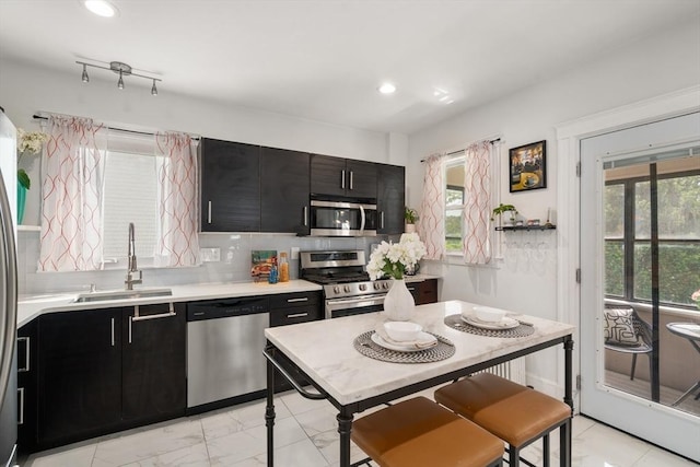 110 Bigelow St, Boston, MA 02135 - kitchen with appliances with stainless steel finishes, dark cabinetry, a sink, light countertops, and recessed lighting